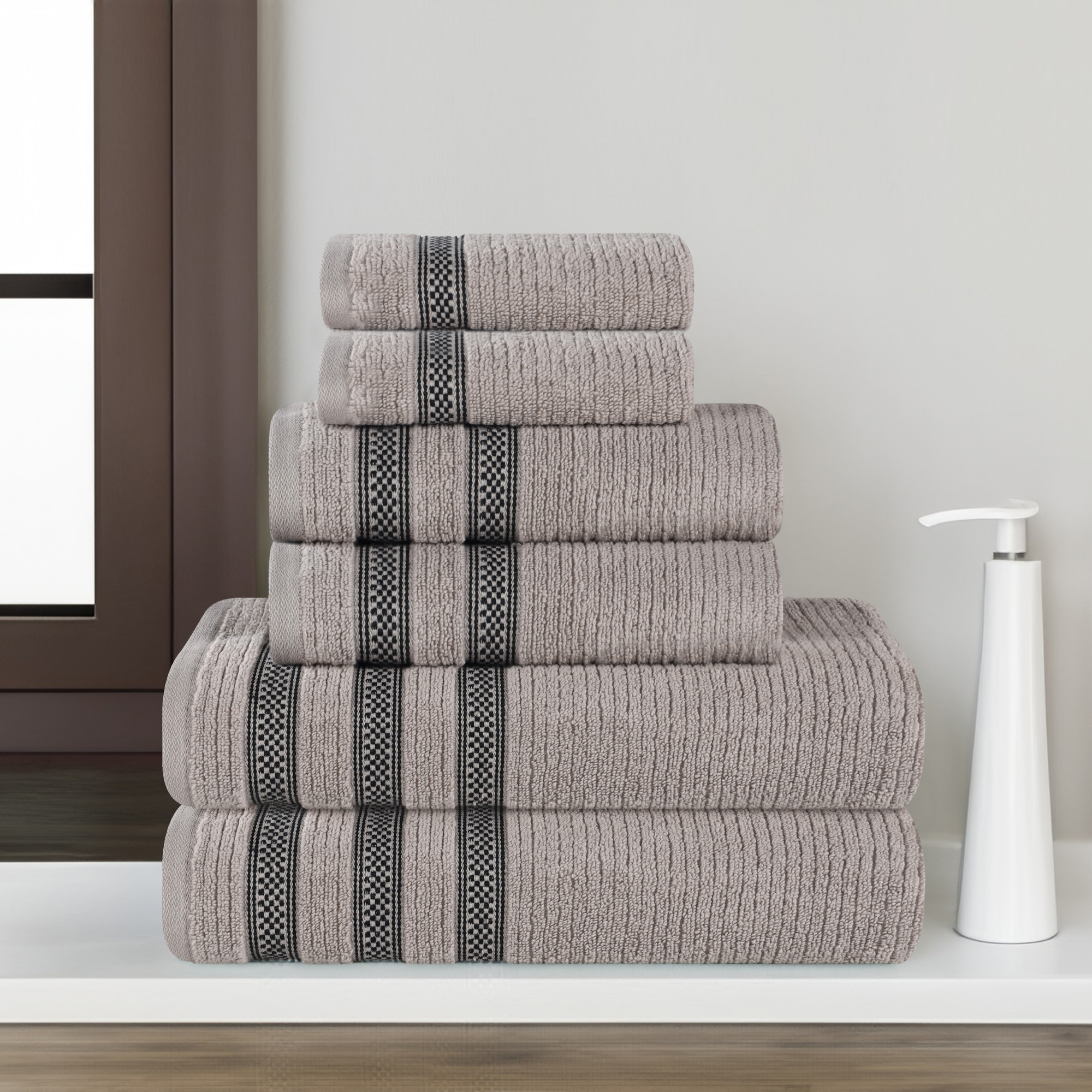 Modern Threads Jacquard Border 6-Piece Cotton Bath Towel Set, Gray ...