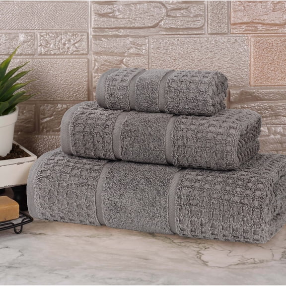 BNM Zero Twist Cotton Waffle Border 3 Piece Towel Set, Charcoal