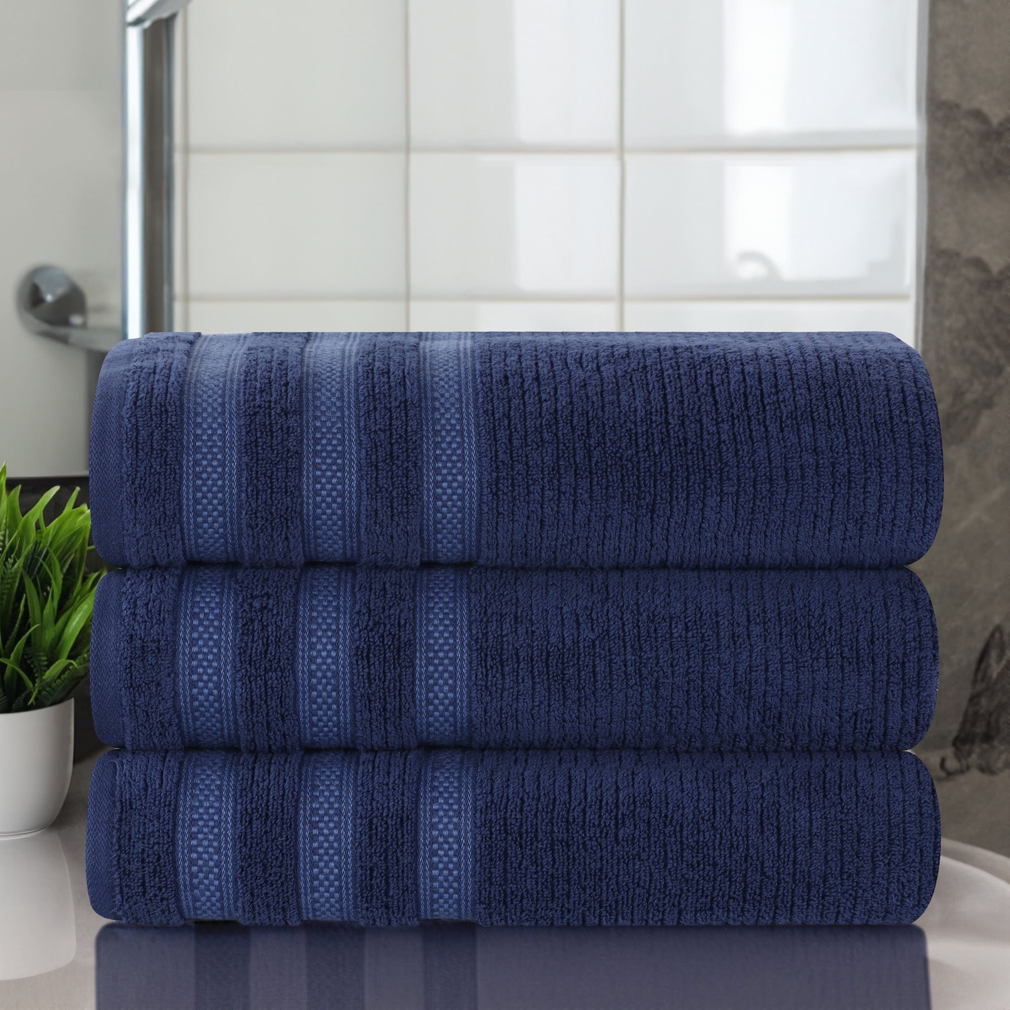 Navy Blue Cotton Ribbed Geometric Border Bath Towel Set of 3