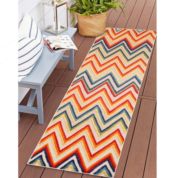 BNM Zig-Zag Indoor Outdoor Runner Rug, 2' 3" x 8', Cream