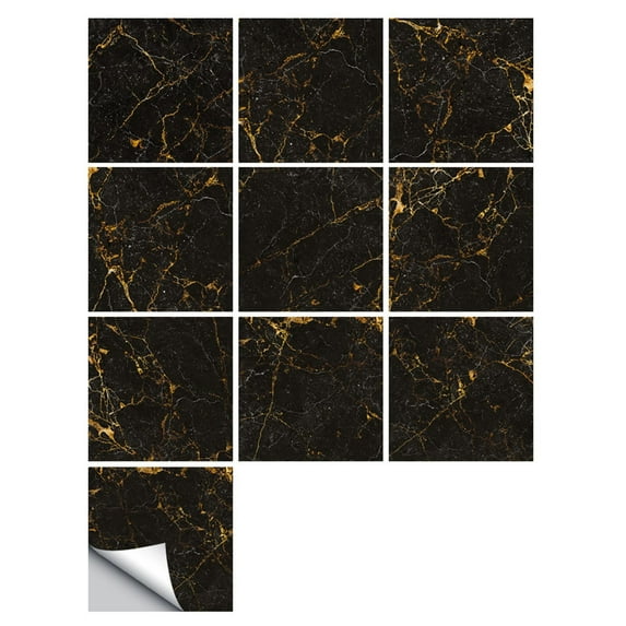 BNNG 10pcs Marble Peel and Stick Backsplash Waterproof Washroom Wall Panels, Peel and Stick Tile, PVC Wall Panels for Kitchen, Bathroom (Easy DIY Installation, 4x4 Inches Each,Black)