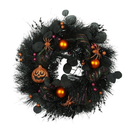 BNNG 17.7 inch Artificial Boo-Tiful Halloween Wreath,Halloween Wreath for Front Door With Spider, Pumpkins Decor - Artificial Wreath With Lights for Window Wall Party Holiday