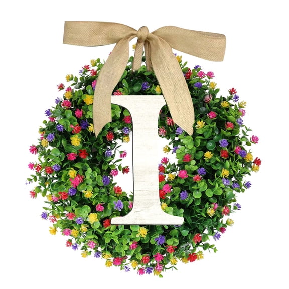 BNNG 2024 New Last Name Year Round Front Door Wreath with 26 Initial Letter Welcome Sign, Eucalyptus Garland, and Bow | Spring Wreaths for Front Door Decor | Outdoor Hanger Garland