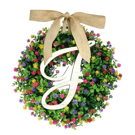 BNNG 2024 New Last Name Year Round Front Door Wreath with 26 Initial Letter Welcome Sign, Eucalyptus Garland, and Bow | Spring Wreaths for Front Door Decor | Outdoor Hanger Garland