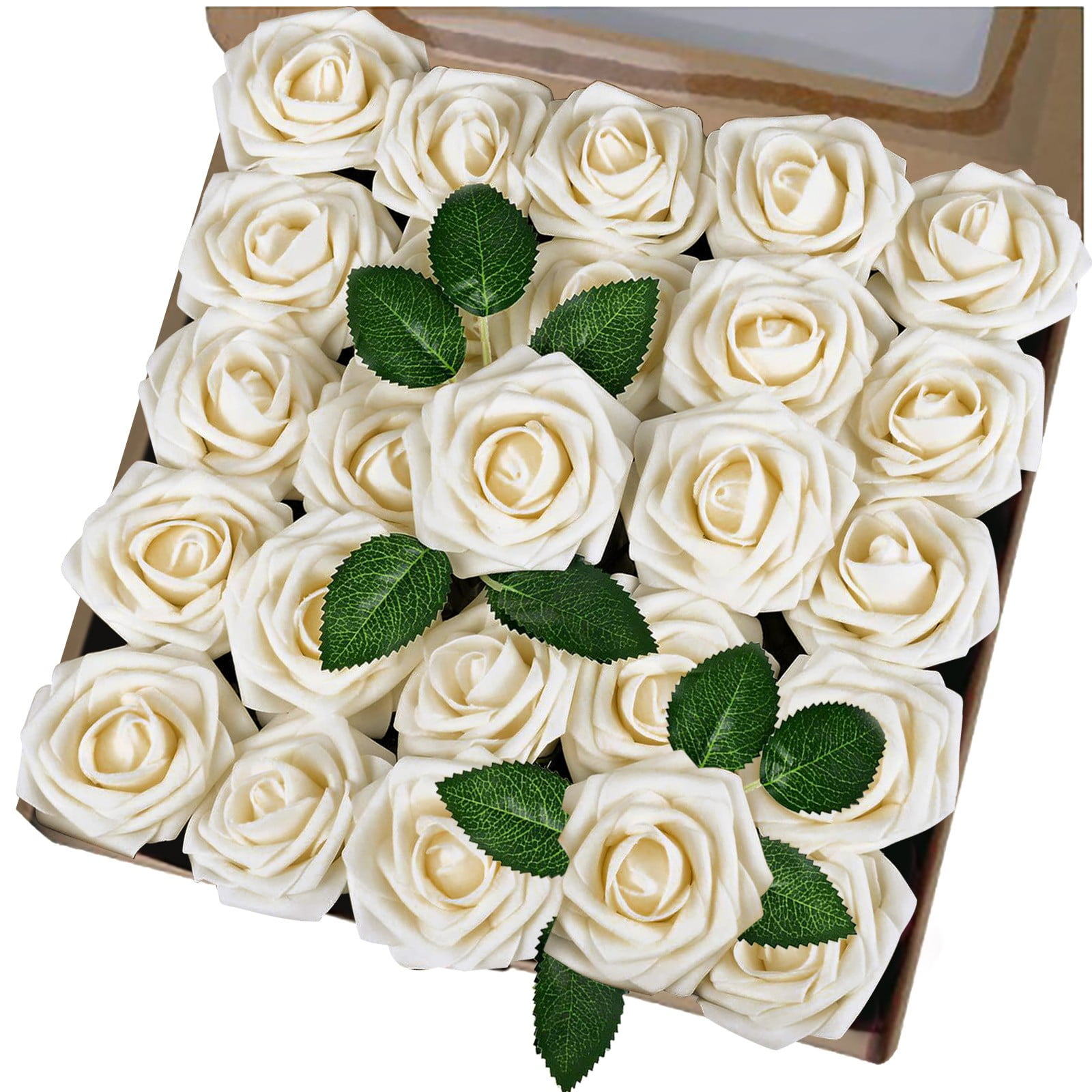 BNNG 25pcs Foam Rose Flower Kit - Real Looking Ivory Foam Fake Roses ...