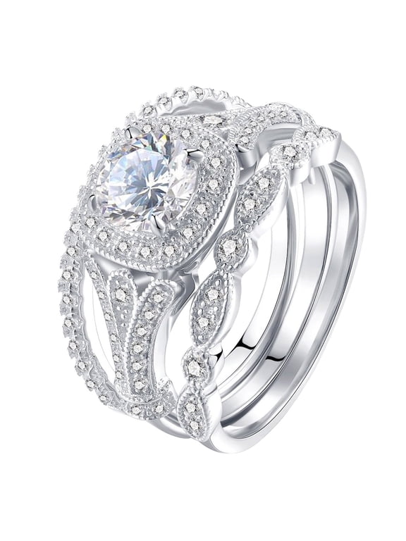 3PC Geometry Silver Rhinestone Cubic Zirconia Bridal Geometry Rhinestone Engagement Ring Full Diamond Zirconia Solitaire Ring Wedding Band Ring for Women