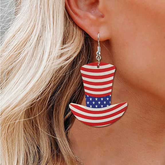 BNNG 4th of July Earrings, USA American Flag Dangle Cap Shape Boho Earrings For Women Patriotic 4th Of July Independence Day Gift Star Stripes PU Leather Vintage Earrings