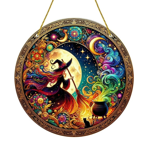 BNNG 8 inch Charming Moonlight Witch Acrylic Stained Glass Window Hanging Sun Catcher Decor Stained Panel Hangings Wall Art Decor, for Friends and Family (Moonlight Witch)
