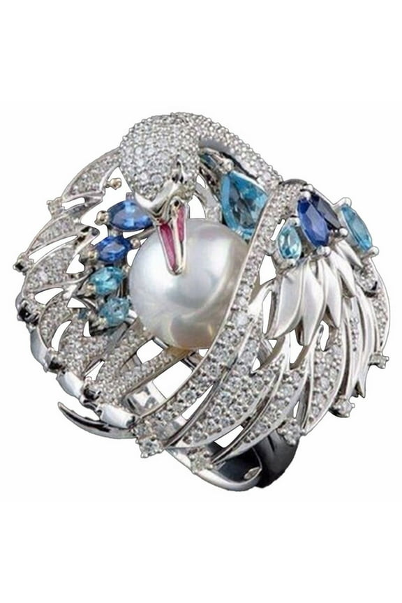 925 Sterling Silver Statement Ring Freshwater Pearl And Cubic Zirconia Vintage Antique Look Fashion Women White Swan Pearl Retro Classic Ring Jewelry