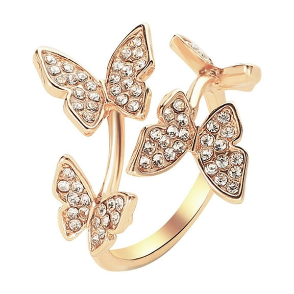BNNG Adjustable Gold Plated Ring for Women, Branch Leaves Band Stacking Finger Ring,Paved Cubic Zirconia Stone Stackable Open Ring Butterfly Ring Layered Rhinestone Butterfly Ring