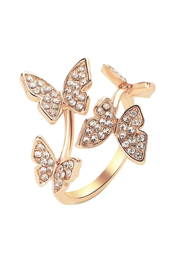 Adjustable Gold Plated Ring for Women, Branch Leaves Band Stacking Finger Ring,Paved Cubic Zirconia Stone Stackable Open Ring Butterfly Ring Layered Rhinestone Butterfly Ring