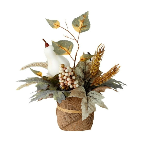 BNNG Artificial White Pumpkins with Maple Leaves,Wheat and Berries, Fall Pumpkin Decoration for Table Centerpiece, Thanksgiving Harvest Autumn Table Home Kitchen Mantel Decoration