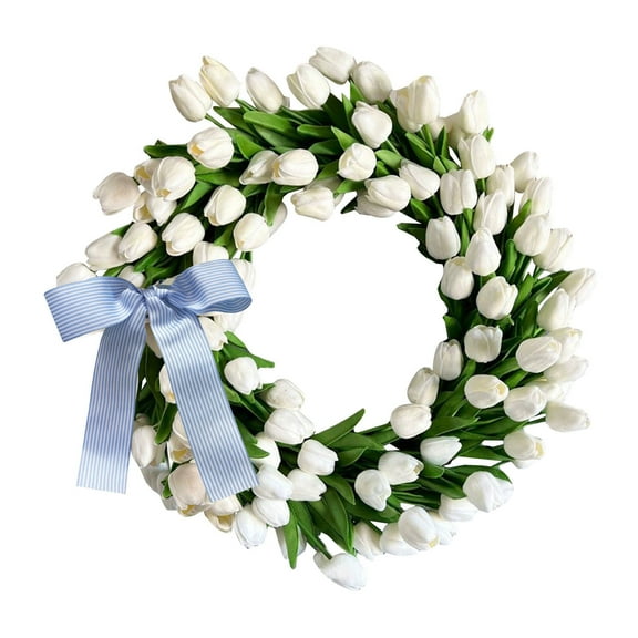 BNNG Artificial White Tulip Flower Wreath,13.8 Inch Tulip Summer Door Wreath with Silk Bow, Mothers Day Hanging Decorative Fake Flower with White Tulip and Green Leaves Artificial Flower Wreath