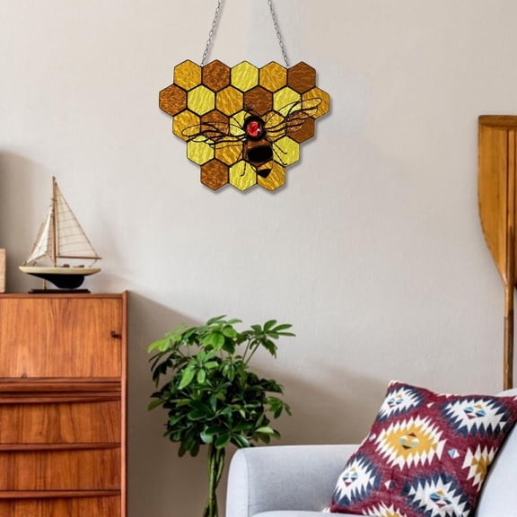 BNNG Bee Themed Honeycomb Wall Hanging Indoor/Outdoor Suncatcher Ornament for Gardens and Yards Unique Stained Glass Decor