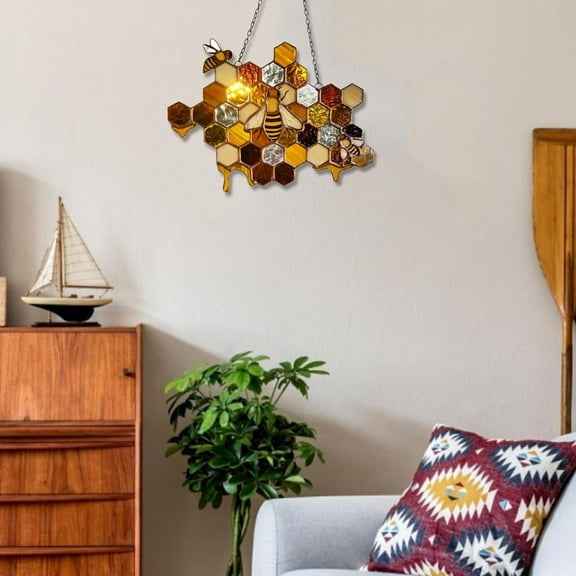 BNNG Bee Themed Honeycomb Wall Hanging Indoor/Outdoor Suncatcher Ornament for Gardens and Yards Unique Stained Glass Decor