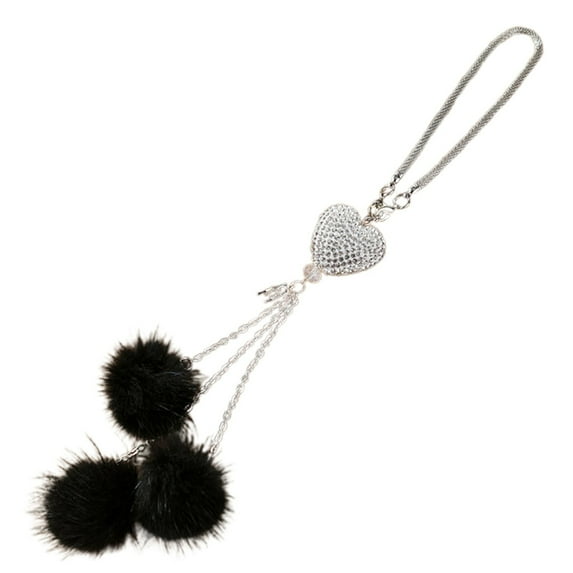 BNNG Car Mirror Accessories for Women, Rhinestone Diamond Love Heart & Pink Plush Ball Decor Ornament Pendant, Car Rear View Mirror Hanging Charm Pendant, Lucky Hanging Accessories (Black)