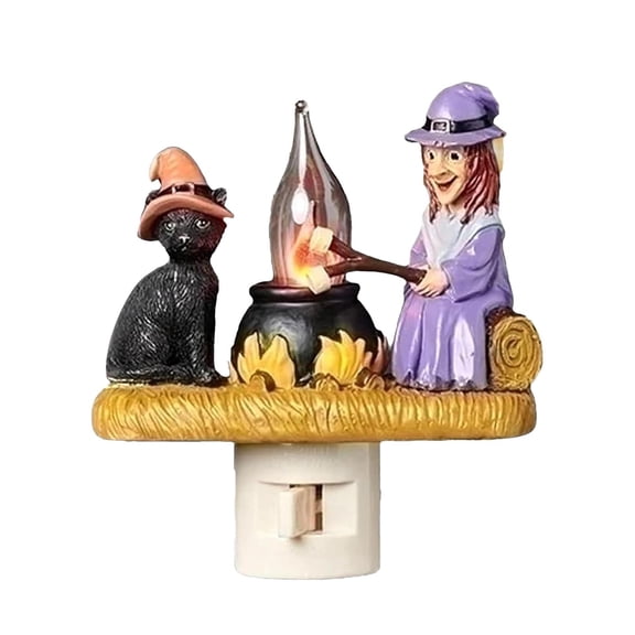 BNNG Cat and Witch Campfire Flickering Night Light Campfire Flicker Flame Halloween Nightlight 3D Spooky Fire Lamp 3D LED Small Electric Faux Campfire Night Light Gifts for Halloween Christmas