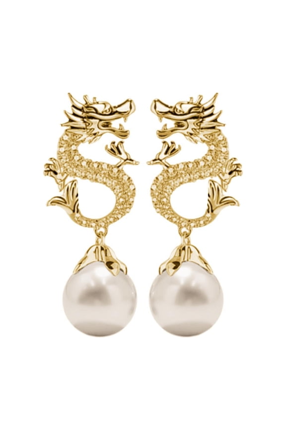 Chinese New Year Dragon Earrings For Women Glitter Cubic Zirconia Pearl Dangle Expectation A Sense Of Party Gift Jewelry Women'S Halloween Whimsical Ear Ornaments
