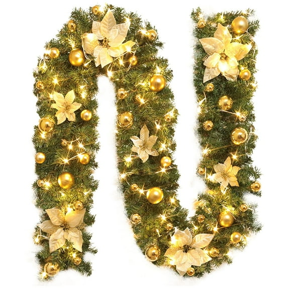 BNNG Christmas Garland with Lights Artificial Christmas Garland of Green Rattan Christmas Garland Holiday Artificial Decor for Stairs Wall Door Indoor Outdoor Garland with LED Battery Lights