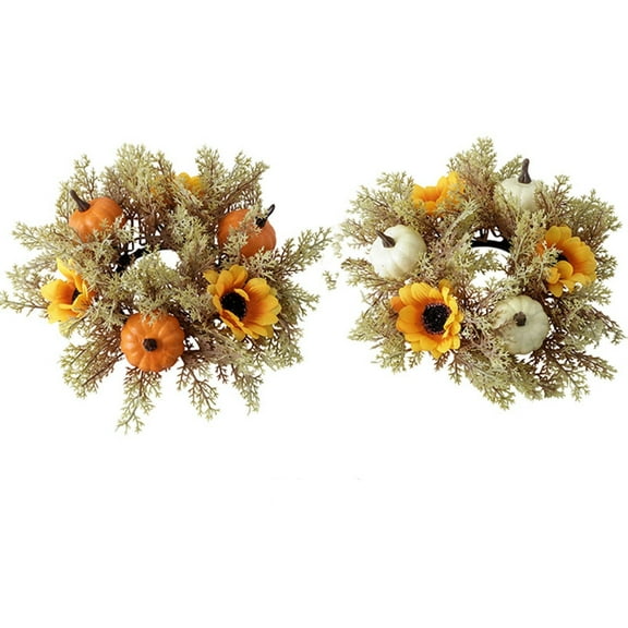 BNNG Decorative Tealight Candle Holder, Glass Votive Candle Holders with Artificial Pumpkins Maple Leaves Wreath Ring for Thanksgiving and Halloween Table Fall Decor Centerpieces