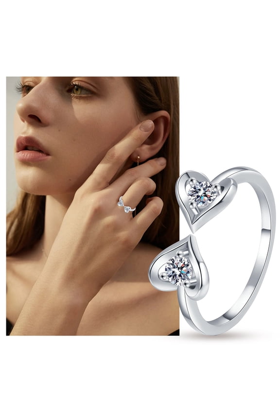 Double Heart Eternal Ring Bezel Set Round Diamond Encrusted Zircon Ring Wedding Ring For Her Promised Ring Adjustable Knuckle Rings for Teen Silver Plated Stacking Rings for Women