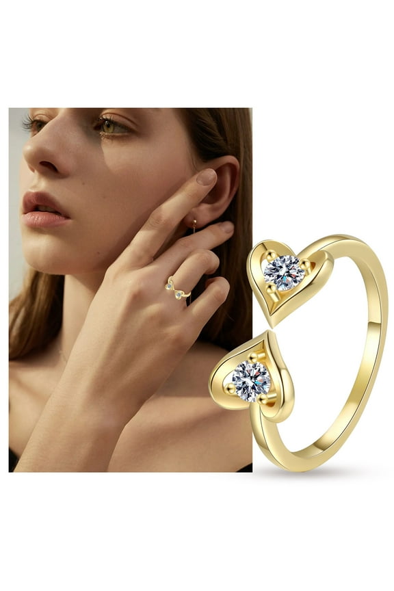 Double Heart Eternal Ring Bezel Set Round Diamond Encrusted Zircon Ring Wedding Ring For Her Promised Ring Adjustable Knuckle Rings for Teen Silver Plated Stacking Rings for Women