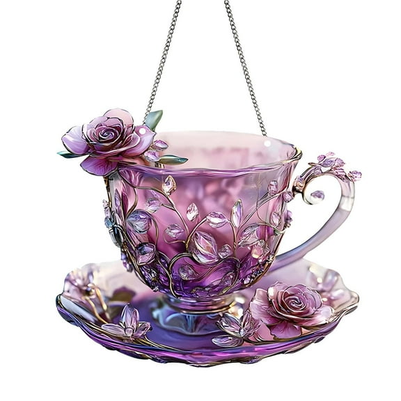 BNNG European Style Acrylic Tea Cup Charm -Butterfly Elegance Glass Tea Cup & Saucer Hanging,Gifts for Afternoon Tea & Home Decor, Cafe Aesthetic