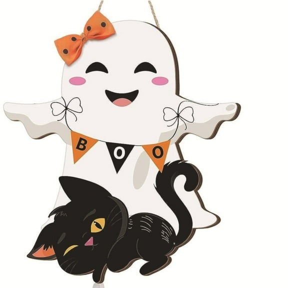BNNG Halloween BOO Decorations Ghost Hanging Sign Front Door Hanger Wreath Decor Indoor Outdoor Yard Wall Decorations Cute Ghost Black Cat Wooden Door Sign for Halloween Party Supplies