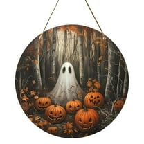 BNNG Halloween Decorations Halloween Round Wreath Cute Ghost Front Door Decorations Hanging Sign Welcome Sign Wooden Front Door Hanger for Wall Indoor Home Decor, 20cm