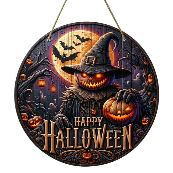 BNNG Halloween Decorations Halloween Wreath Cute Ghost Pumpkin Bat Front Door Decorations Hanging Sign Wooden Front Door Hanger for Wall Indoor Home Decor, 12 inches