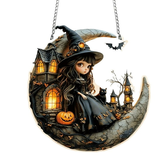 BNNG Halloween Ghost Stained Glass Suncatcher Hand Painted Window Hangings Suncatcher Halloween Goth Decoration for Home, Office, Kitchen, Living Room, Wall (Witch,8" Diameter)