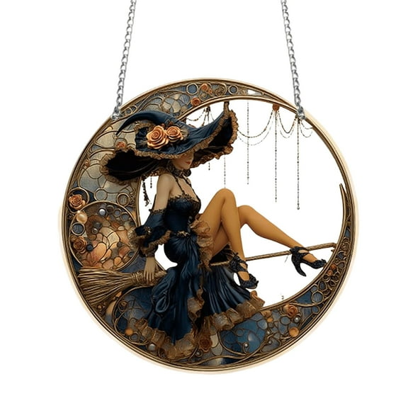 BNNG Halloween Ghost Stained Glass Suncatcher Hand Painted Window Hangings Suncatcher Halloween Goth Decoration for Home, Office, Kitchen, Living Room, Wall (Witch,8" Diameter)