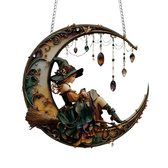 BNNG Halloween Ghost Stained Glass Suncatcher Hand Painted Window Hangings Suncatcher Halloween Goth Decoration for Home, Office, Kitchen, Living Room, Wall (Witch,8" Diameter)