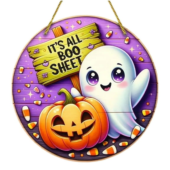 BNNG Halloween Round Door Hanger with Pumpkin Welcome Logo for Front Door Porch Decoration - Retro "Trick or Treat" Hanging Sign for Home Kitchen Garden, 8"