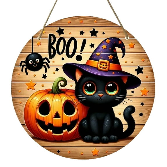 BNNG Halloween Round Door Hanger with Pumpkin Welcome Logo for Front Door Porch Decoration - Retro "Trick or Treat" Hanging Sign for Home Kitchen Garden, 8"
