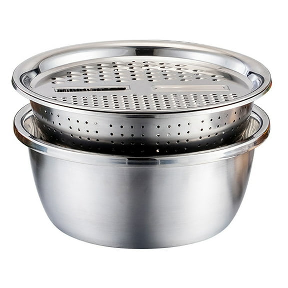 BNNG Handheld Stainless Steel Drain Basket Vegetable Cutter 3 In 1 Kitchen Multipurpose Julienne Grater Salad Bowl For Home Colanders & Food Strainers Multifunctional Stainless Steel Grater Basin Sink