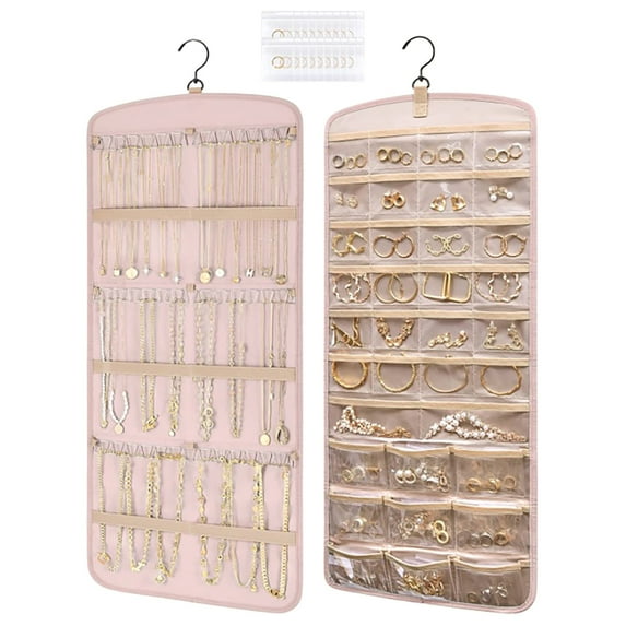 BNNG Hanging Jewelry Organizer, Necklace Holder Anti-tangle Earrings Rings Hanger with Jewelry Bags Travel Storage Roll with Pockets Hang on Closet, Wall, Door,1 Piece, Small, Black