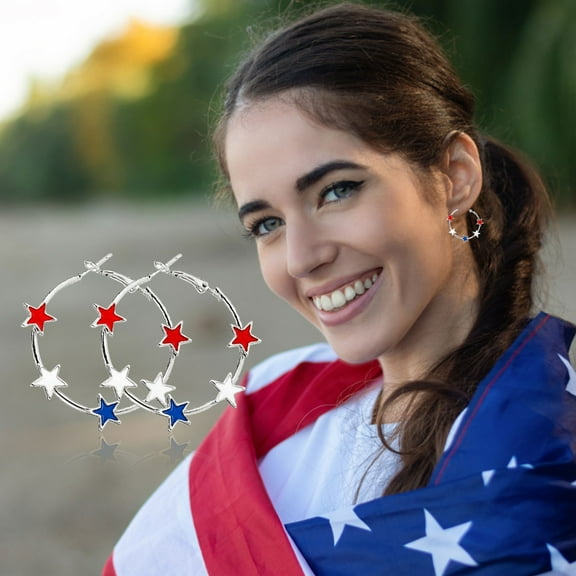 BNNG July 4th Earrings, Five Pointed Star Red White Blue Star 4th of July Hoop Earrings Enamel American Flag USA Patriotic Circle for Women Independence Day Holiday Festive Jewelry