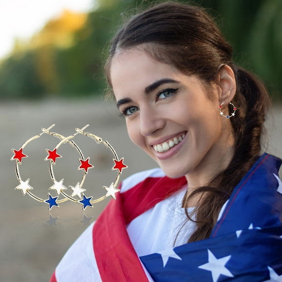 BNNG July 4th Earrings, Five Pointed Star Red White Blue Star 4th of July Hoop Earrings Enamel American Flag USA Patriotic Circle for Women Independence Day Holiday Festive Jewelry