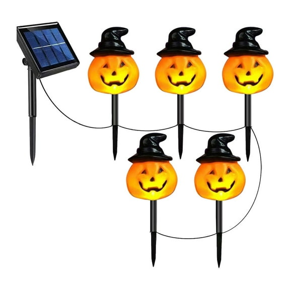 BNNG LED Halloween Post Light String - 5 Pack Solar Jack O Lantern Stake String Lights - Orange Halloween Pathway Decor for Outdoor Halloween Yard Display