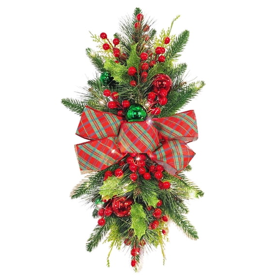 BNNG Light Up Christmas Swag Wreath 2024, Cordless Prelit Stairway Swag Trim,Hanging Stair Teardrop Swag Garlands,Christmas Wreaths Decoration for Front Door Wall Window Holiday Xmas Decor