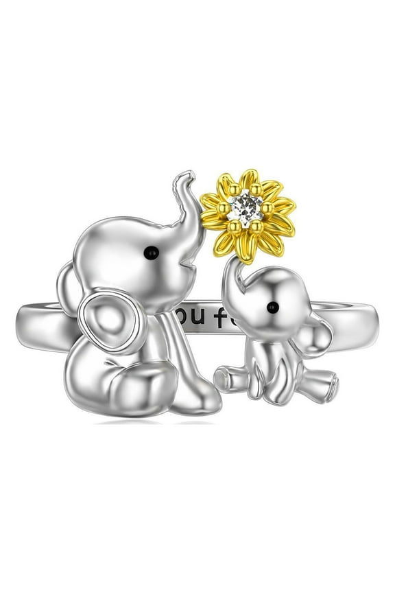 Mom Daughter Elephant Ring 925 Sterling Silver Adjustable Love Heart Finger Rings Pendant for Women Wife Mom Daughter Jewelry Gift
