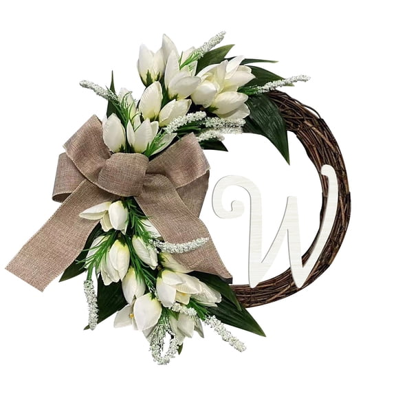 BNNG Mother's Day White Wreath A~Z Letter Surname Natural Grape Vine Door Wreath Unique Surname Ideas 26 Letters Farmhouse Wreath For Front Door Spring Seasons Tulip Half Circle Wreath