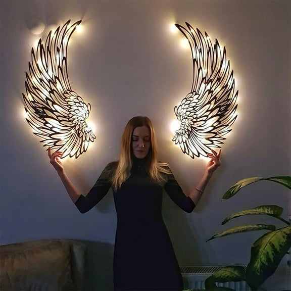 BNNG Pair Angel Wings Metal Wall Art with Led Lights 2024 New Angle Wings Wall Art Sculpture Decor Cool 3D Shadow, Easy to Hang for Bedroom Living Room Office