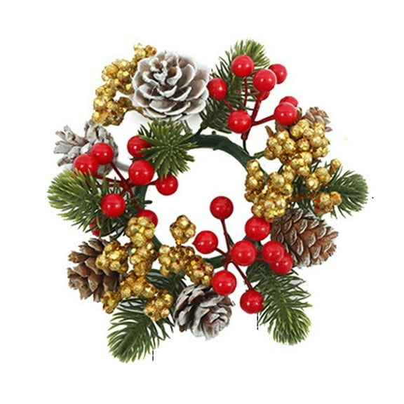 BNNG Small Christmas Candle Rings with Artificial Berries and Pinecones - 3 Inch Candle Holder Centerpiece for Xmas Table, Dining, or Holiday Decoration