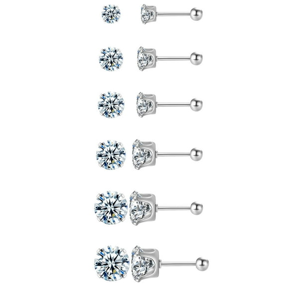 BNNG Sparkly Rhinestone Alloy Ear Studs 6Pcs Stainless Steel Six Jaw Zircon Earrings 3A Zircon Screws Screw Round Cake Earrings Set Ornaments Stainless Steel Stud Earrings Boho Feather Earrings