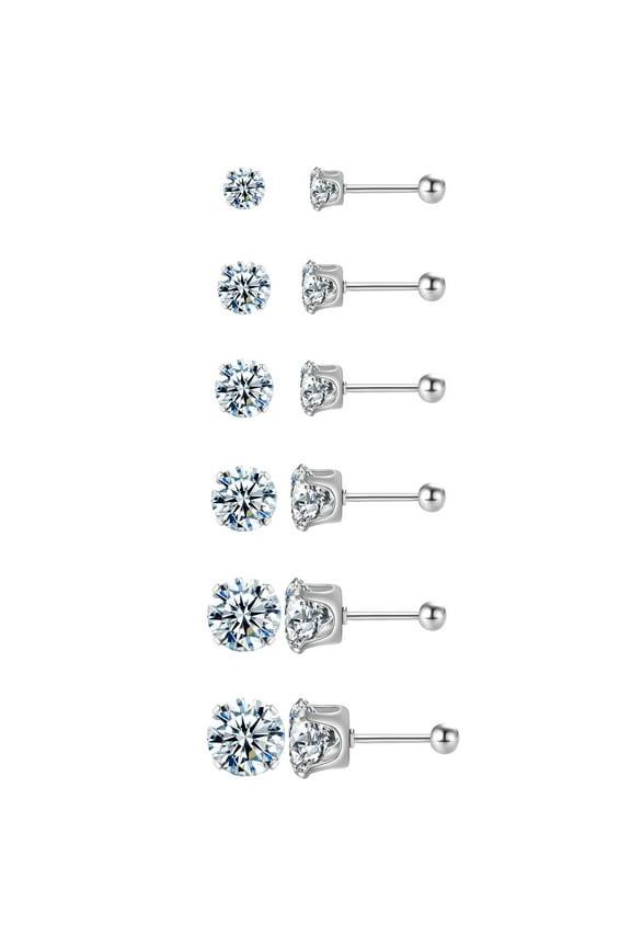 Sparkly Rhinestone Alloy Ear Studs 6Pcs Stainless Steel Six Jaw Zircon Earrings 3A Zircon Screws Screw Round Cake Earrings Set Ornaments Stainless Steel Stud Earrings Boho Feather Earrings