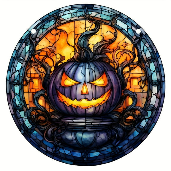 BNNG Stained Glass Suncatcher, Stained Glass Halloween Pumpkin Hanging Ornament – Colorful Window Decor for Doors, Garden, Wall, or Christmas, Sun Catcher Art (6” Diameter)