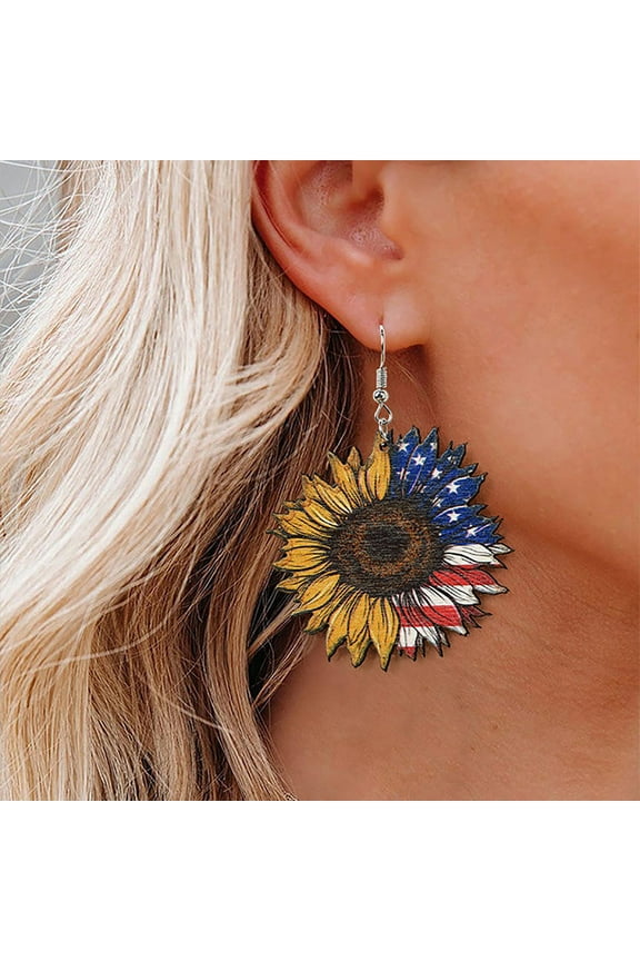 USA American Flag Earrings Dangle Interesting Drop And Sunflowers Shape Boho Earrings For Women Patriotic 4th Of July Independence Day Gift Star Stripes Wooden Vintage Earrings