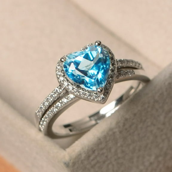 BNNG Wedding Rings for Women Bridal Rings Sets Blue Heart Shaped Zircon Ring Set Cubic Zirconia Halo CZ Engagement Rings Engagement Ring Gift 2024 New Inlaid Love Ring
